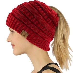 Red C.C. beanie with ponytail hole